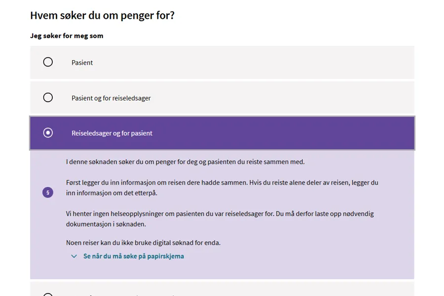 Skjermdump av det første steget i søknaden for reiseledsager på Helsenorge.